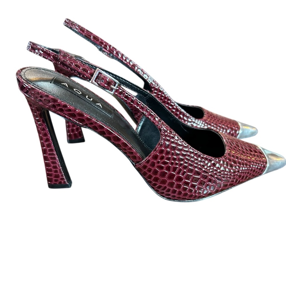 AQUA Bevv Leather Croc Embossed Slingback Pointed Toe Pumps in Wine NEW 9.5